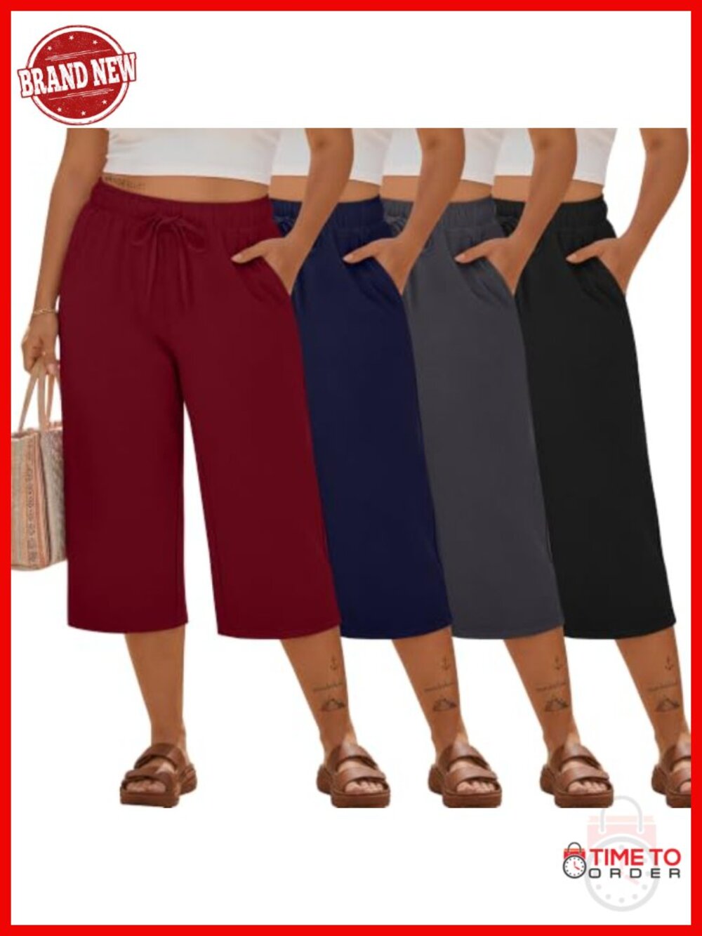 Plus Size Cotton Capri Sweatpants Wide Leg Lounge Drawstring Pockets 4 Pack